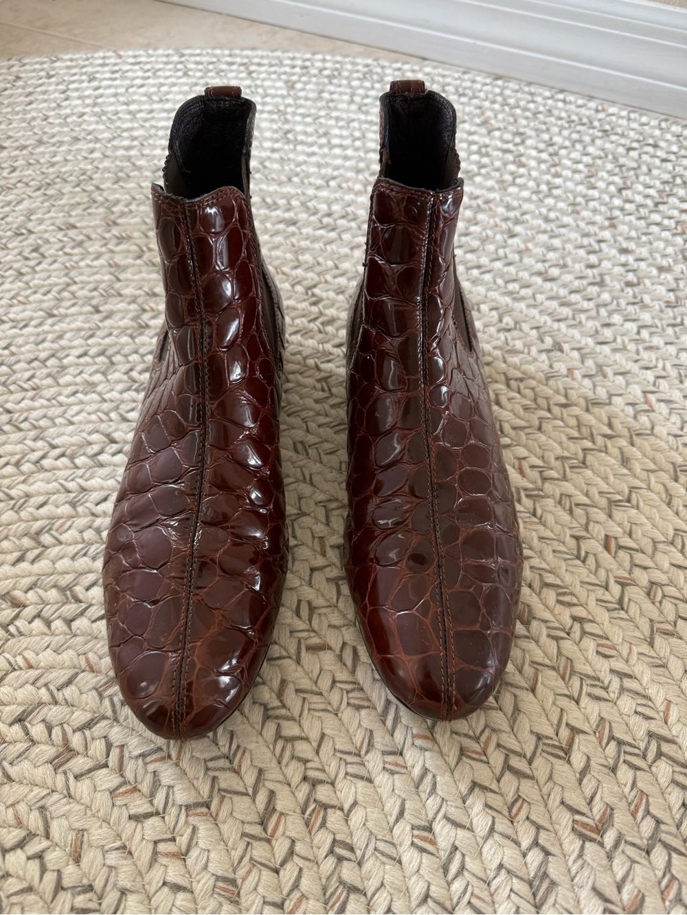 Donald J. Pliner Glossy Brown Croc-Embossed Chelsea Booties